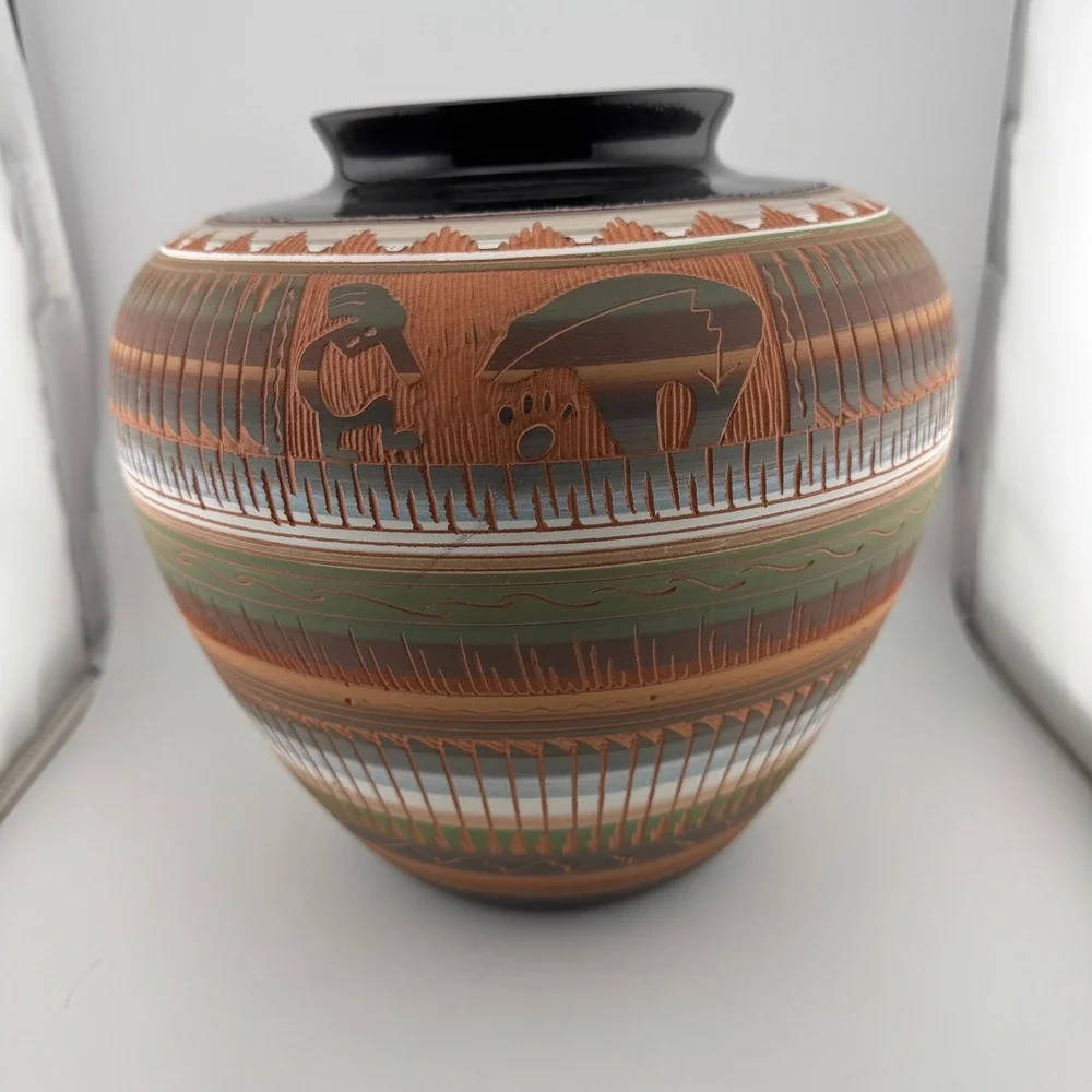 Laura Bahe Navajo Pottery Vase Large Multi Kokopelli Bear Excellent Etched Art
